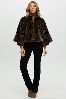 Shearling Lamb Zip Jacket With Cropped Sleeves | Women | Leopard Print