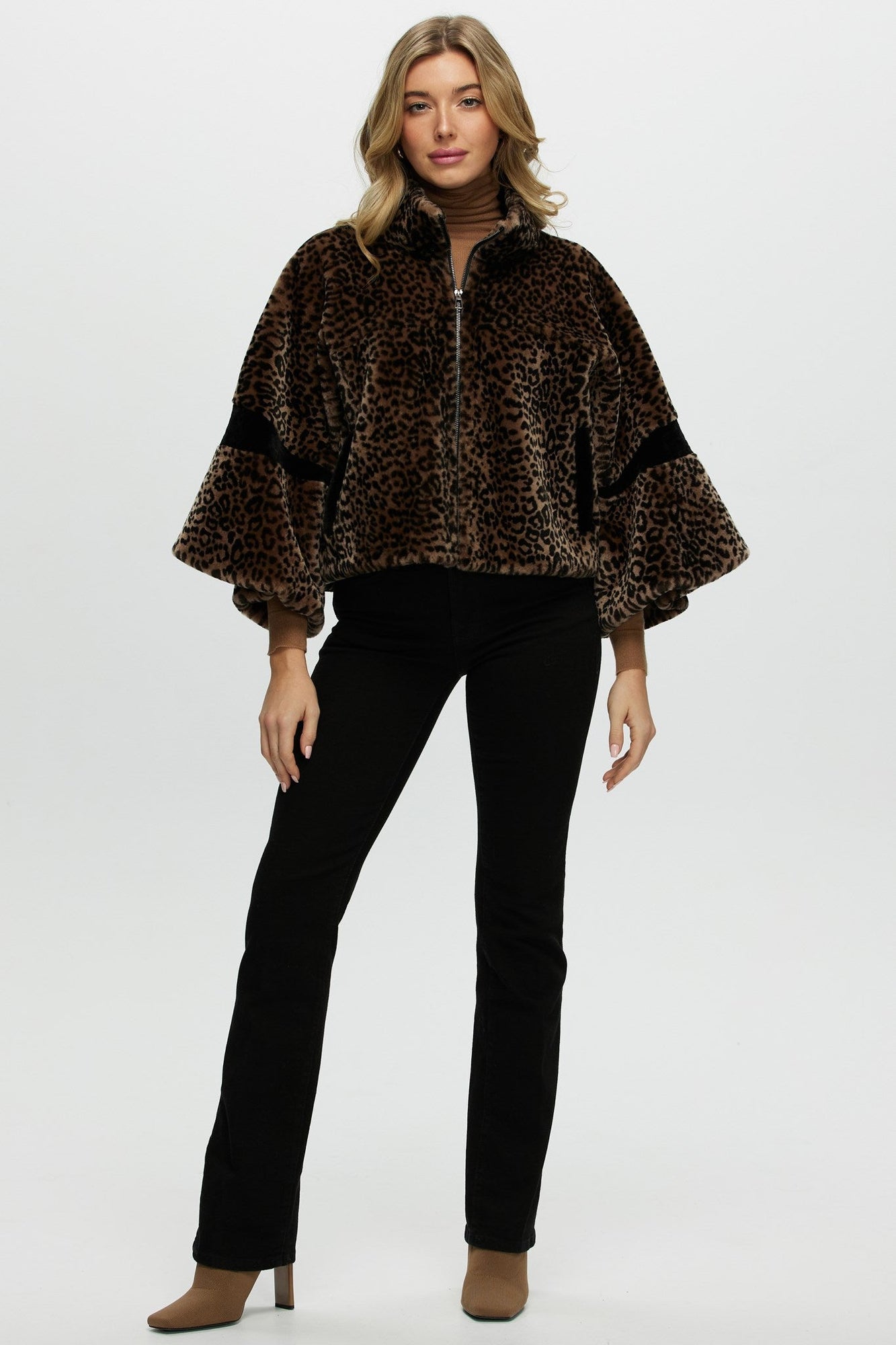 Shearling Lamb Zip Jacket With Cropped Sleeves | Women | Leopard Print