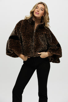 Shearling Lamb Zip Jacket With Cropped Sleeves | Women | Leopard Print