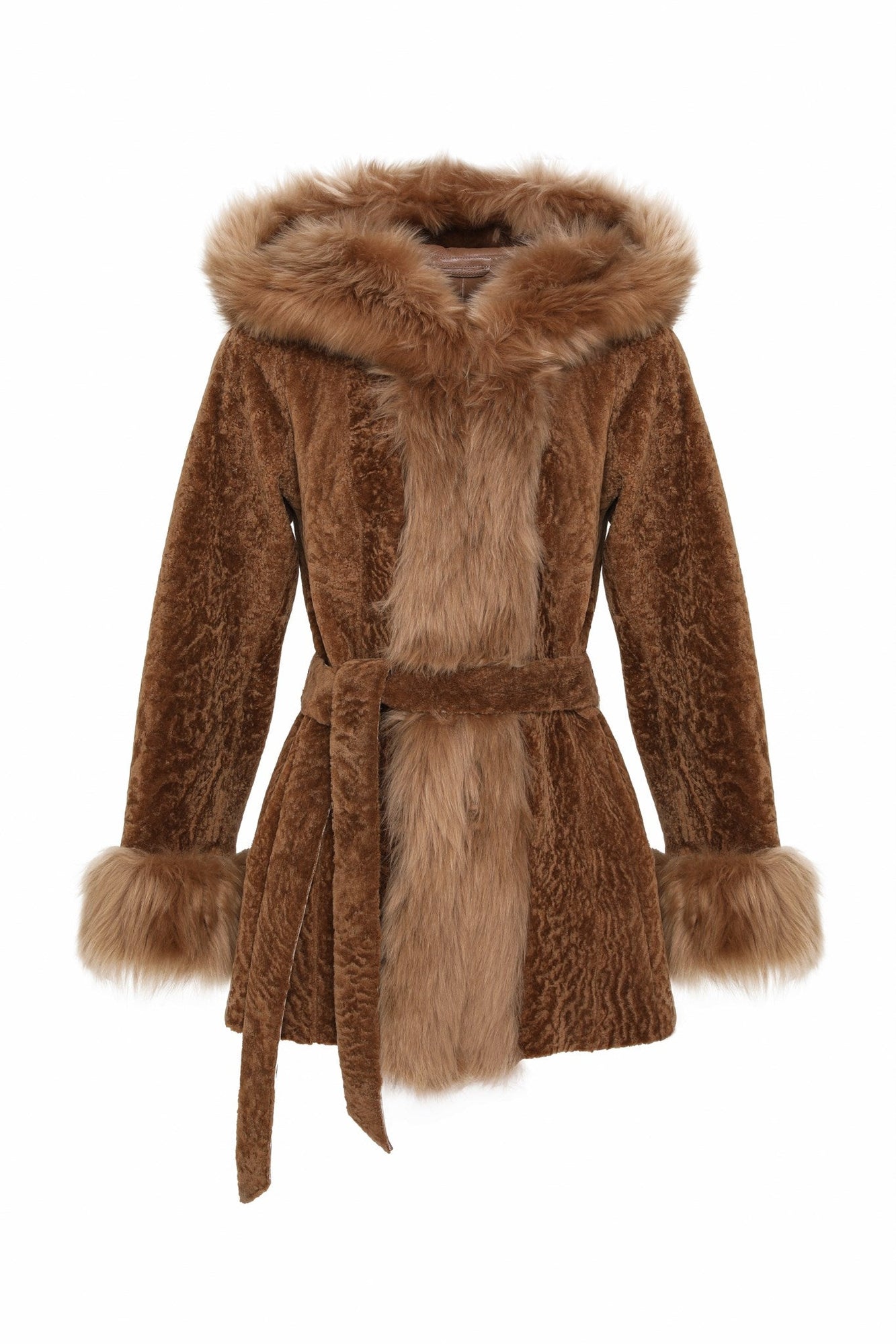 Tetured Shearling Lamb Reversible Parka With Merinillo Shearling Lamb Hood Trim, Tuedo, Cuffs & Belt | Women | Camel x Camel