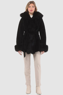 Tetured Shearling Lamb Reversible Parka With Merinillo Shearling Lamb Hood Trim, Tuedo, Cuffs & Belt | Women | Black x Black