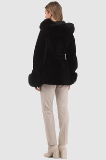 Tetured Shearling Lamb Reversible Parka With Merinillo Shearling Lamb Hood Trim, Tuedo, Cuffs & Belt | Women | Black x Black