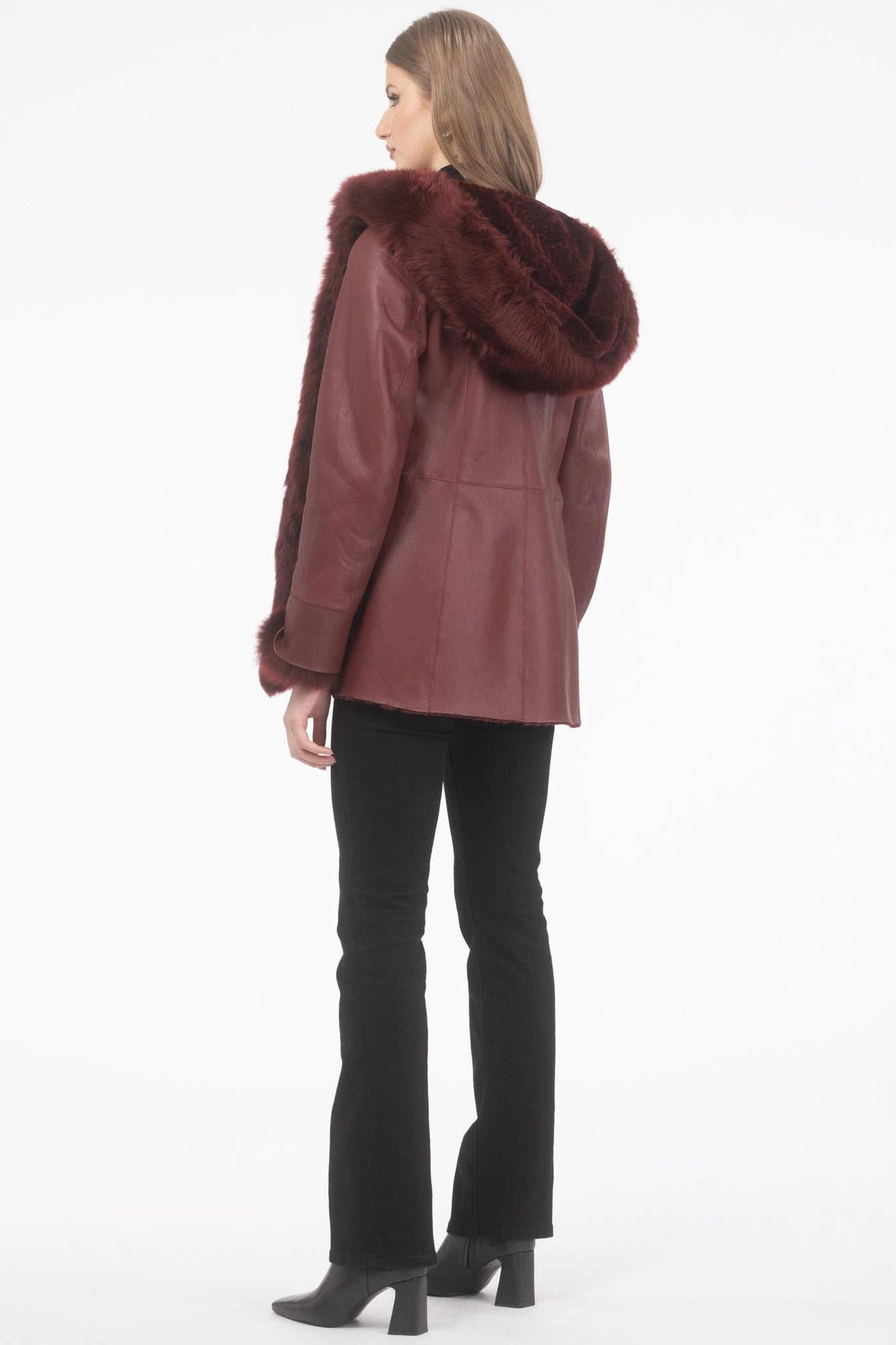 Tetured Shearling Lamb Reversible Parka With Merinillo Shearling Lamb Hood Trim, Tuedo, Cuffs & Belt | Women | Wine x Wine