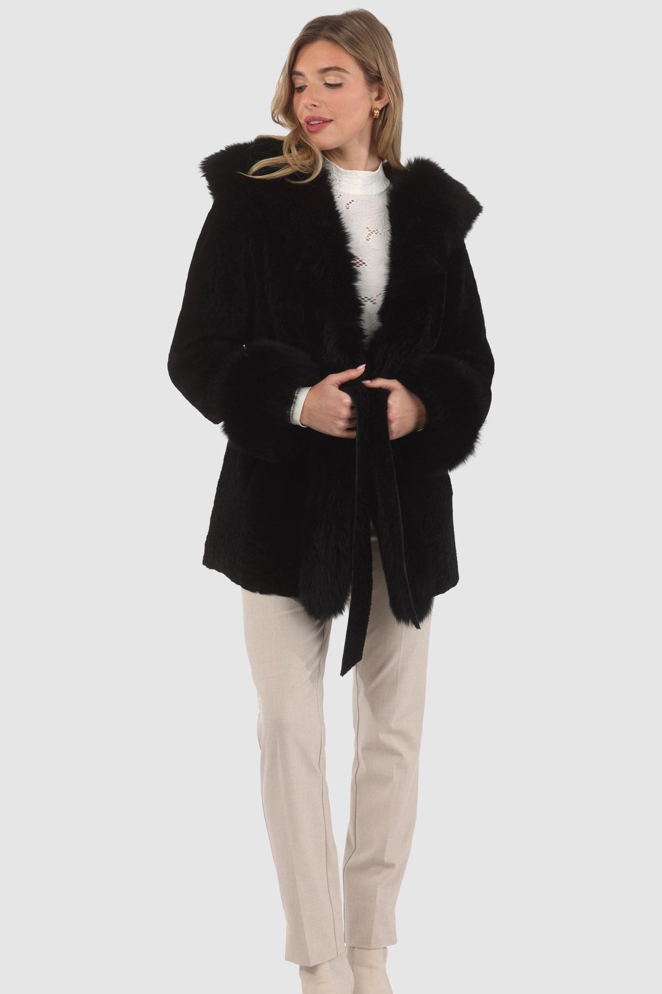 Tetured Shearling Lamb Reversible Parka With Merinillo Shearling Lamb Hood Trim, Tuedo, Cuffs & Belt | Women | Black x Black