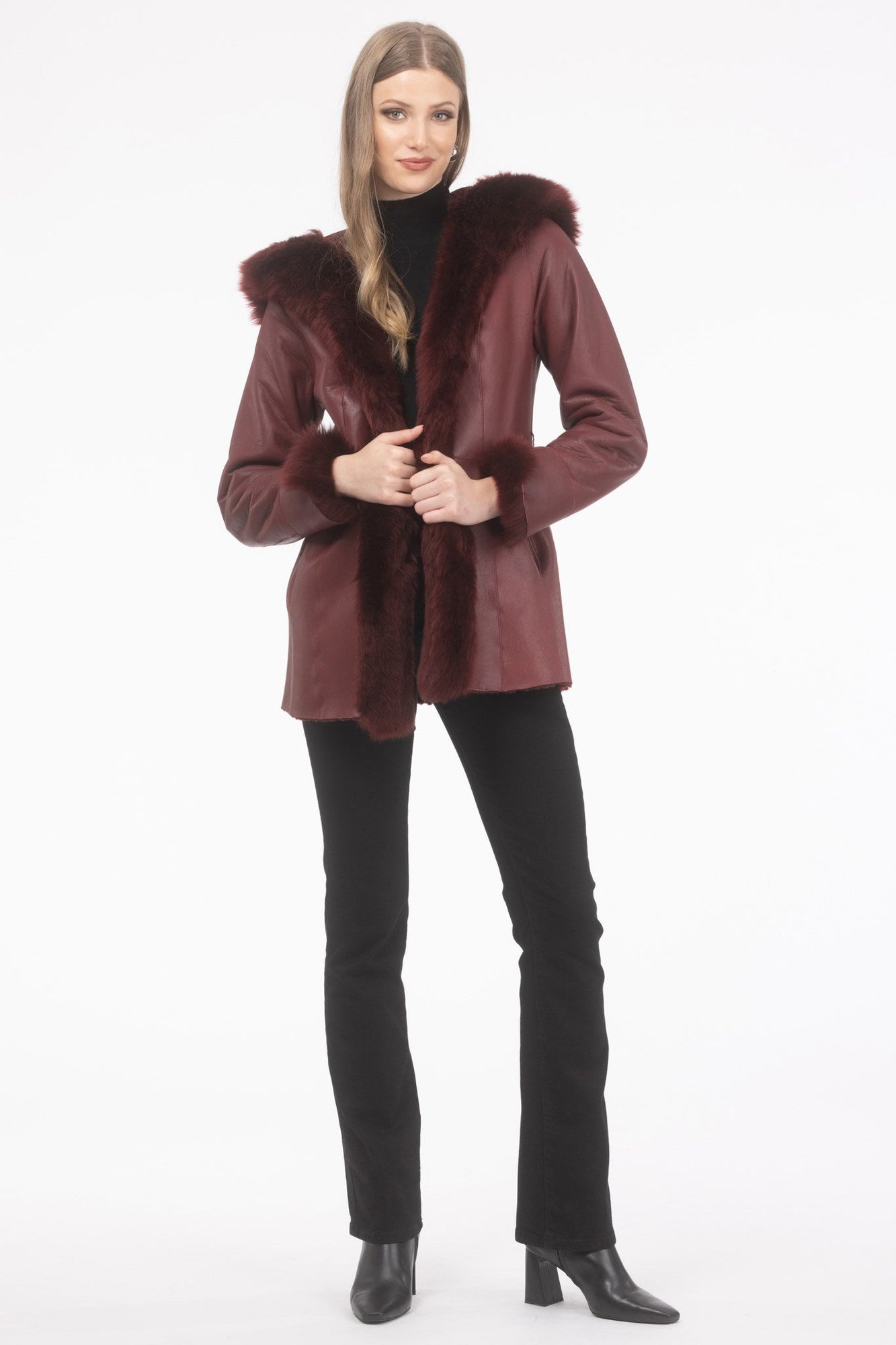 Tetured Shearling Lamb Reversible Parka With Merinillo Shearling Lamb Hood Trim, Tuedo, Cuffs & Belt | Women | Wine x Wine