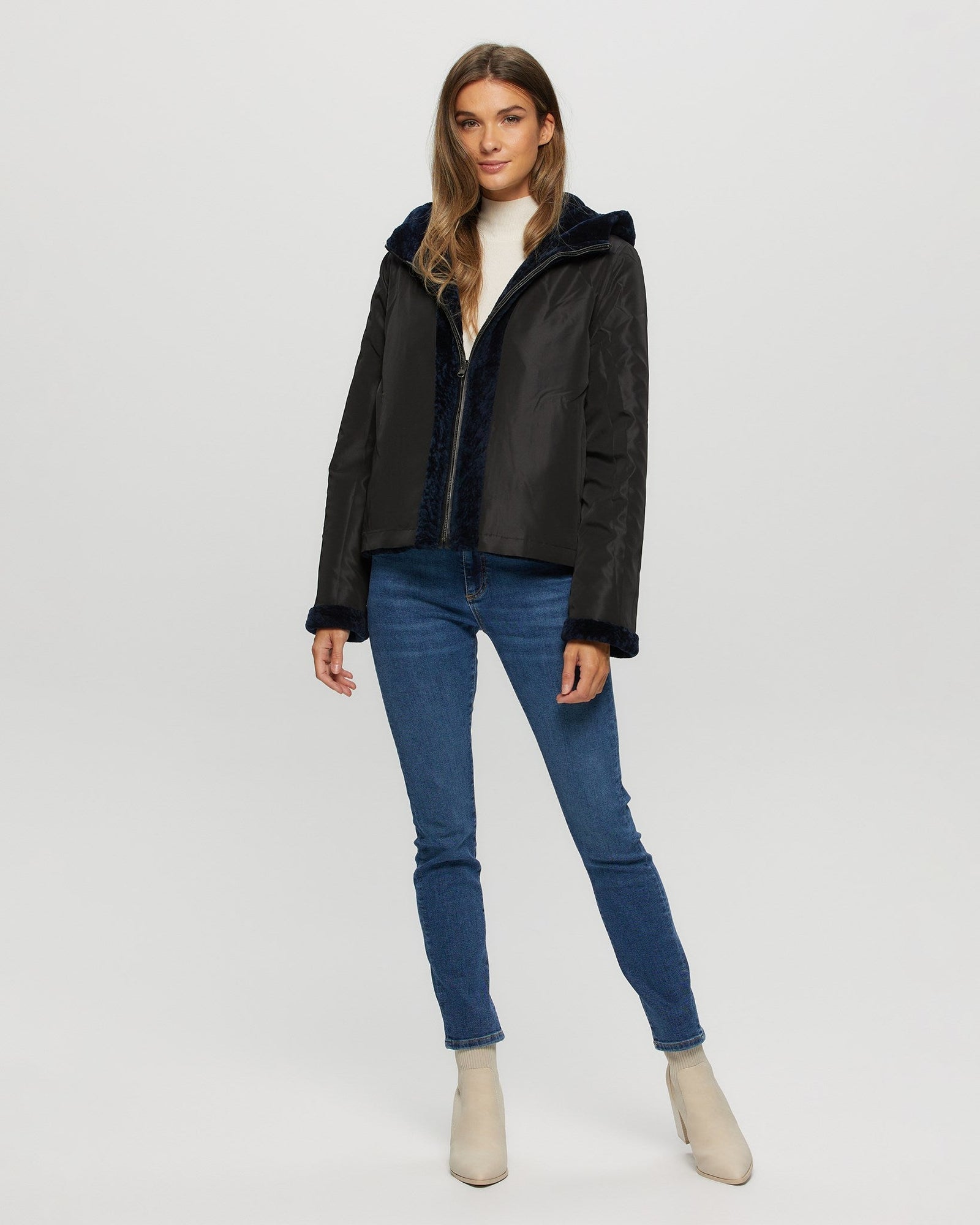 Tetured Shearling Lamb Zip Parka Reversible To Taffeta | Women | Navy x Black