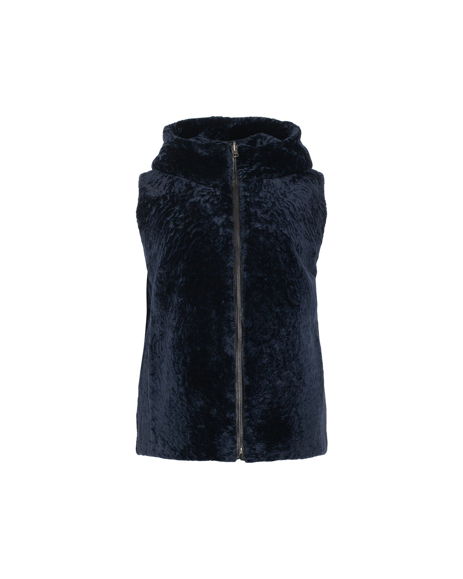 Tetured Shearling Lamb Zip Vest Hooded Reversible To Taffeta | Women | Navy x Black