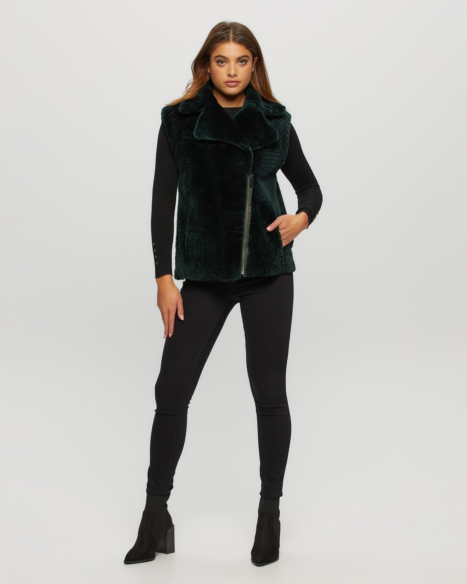 Tetured Shearling Lamb Zip Vest Hooded Reversible To Taffeta | Women | Emerald x Black