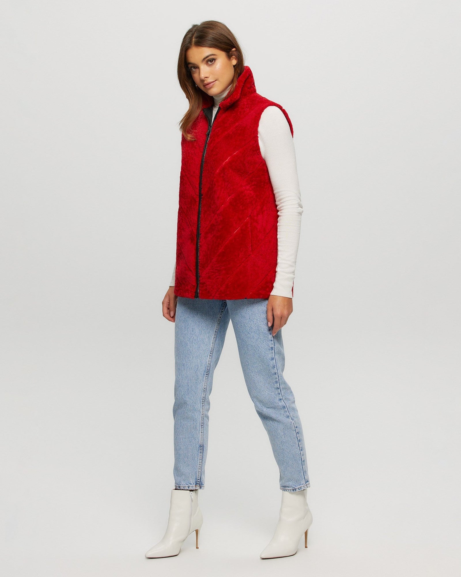 Tetu Shearling Lamb Zip Vest Reversible To Taffeta | Women | Red x Black