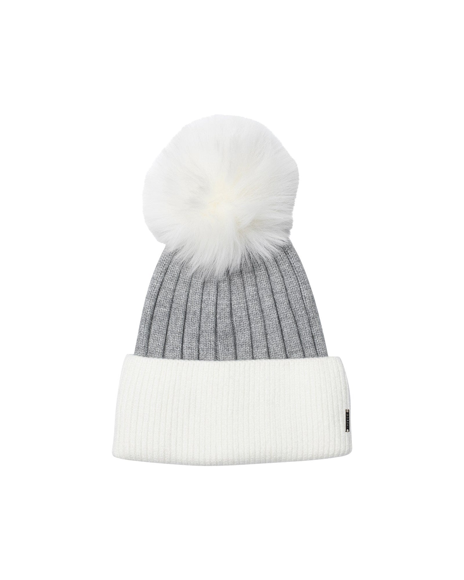 Two-Tone Knit Hat With Toscana Shearling Lamb Pompom | Women | White x Gray x White