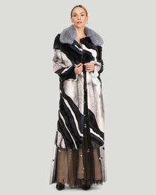 Wave Intarsia Mink Short Coat With Detachable Sable Collar | Women | Cross x Black x White x Denim x Sky