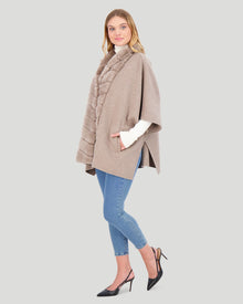 Wool Cape With Chevron Rex Rabbit Trim | Women | Taupe