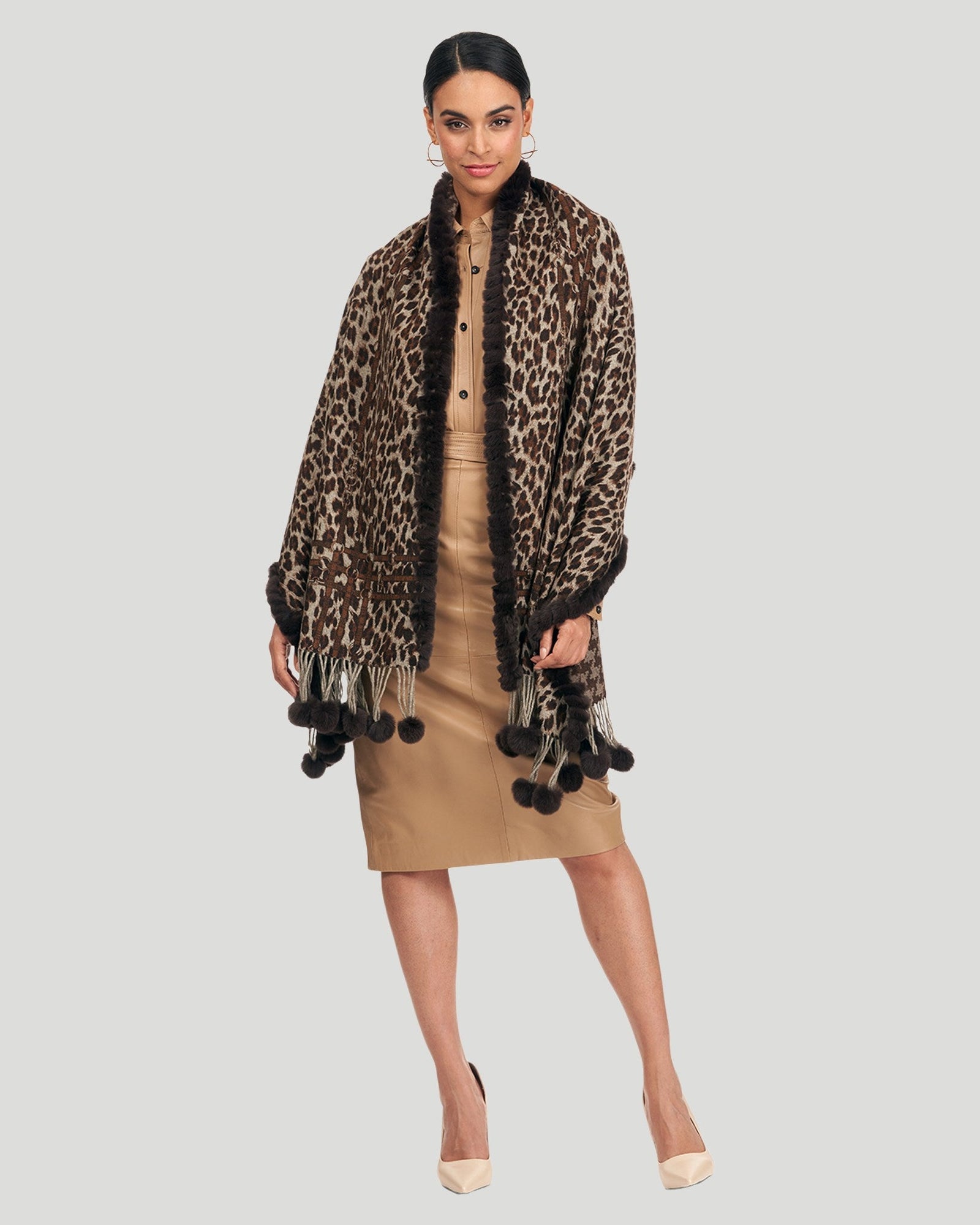 Wool Stole With Re Rabbit Fur | Women | Brown Animal Print x Houndstooth