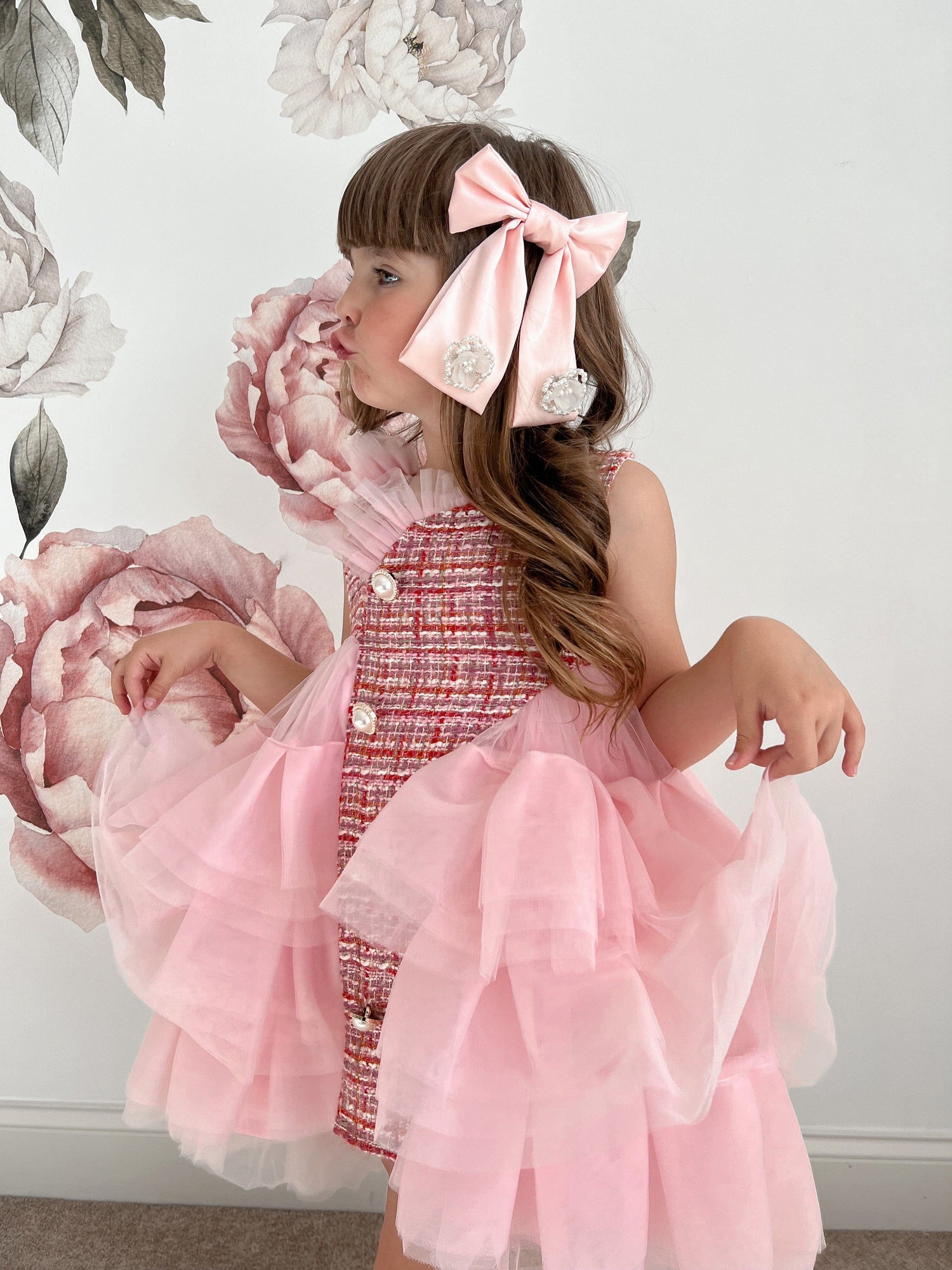 Anise Satin Embroidered Hair Bows  | Pink