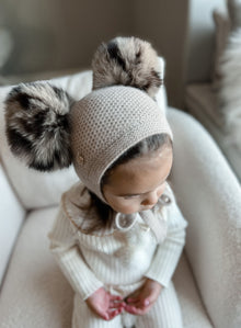 Honeycomb Beige Cashmere Bonnet with Animal Print Poms | Beige