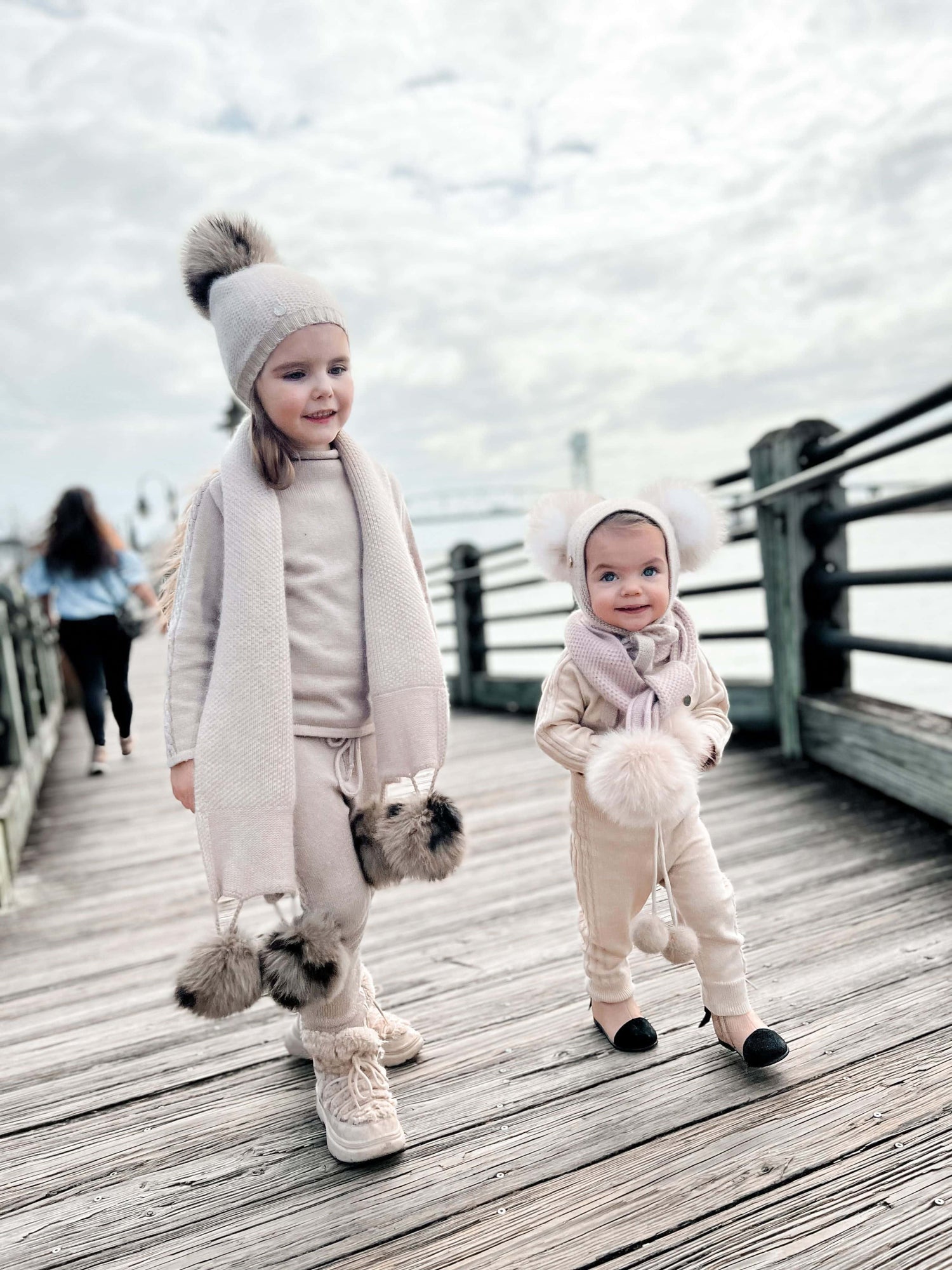 Honeycomb Beige Cashmere Beanie with Animal Print Poms - Petite Maison Kids