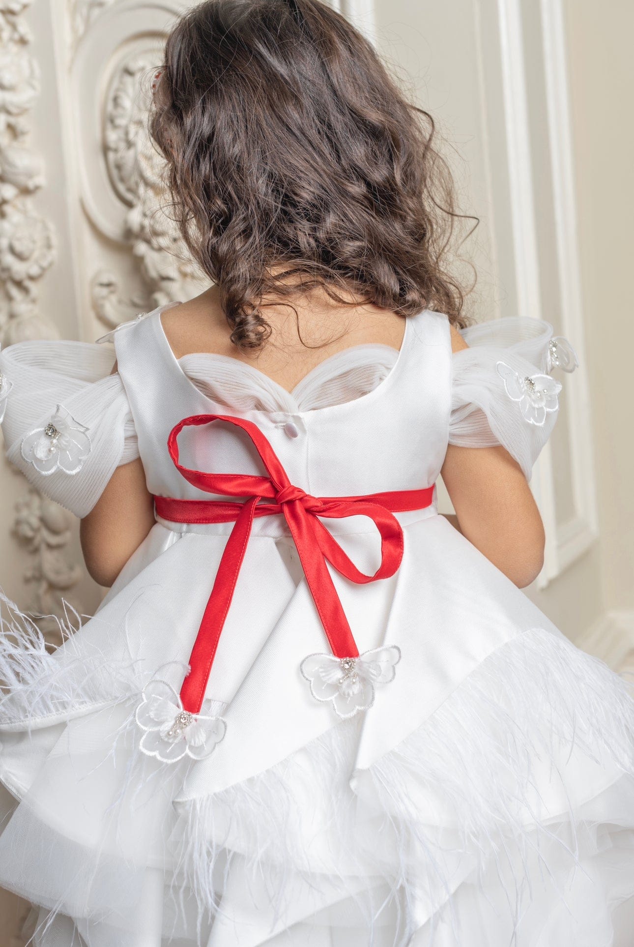 Constanza White Ceremony  Dress with Red Bow | Red