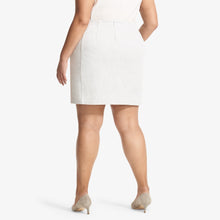 Back image of a woman standing wearing the Crosby Twill Ponte in Light Heather Grey