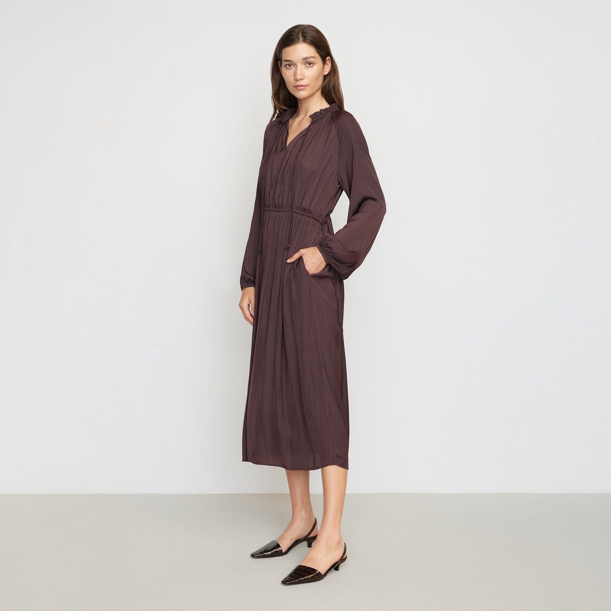 Magdalena Long Sleeve Plisse Dress | Merlot