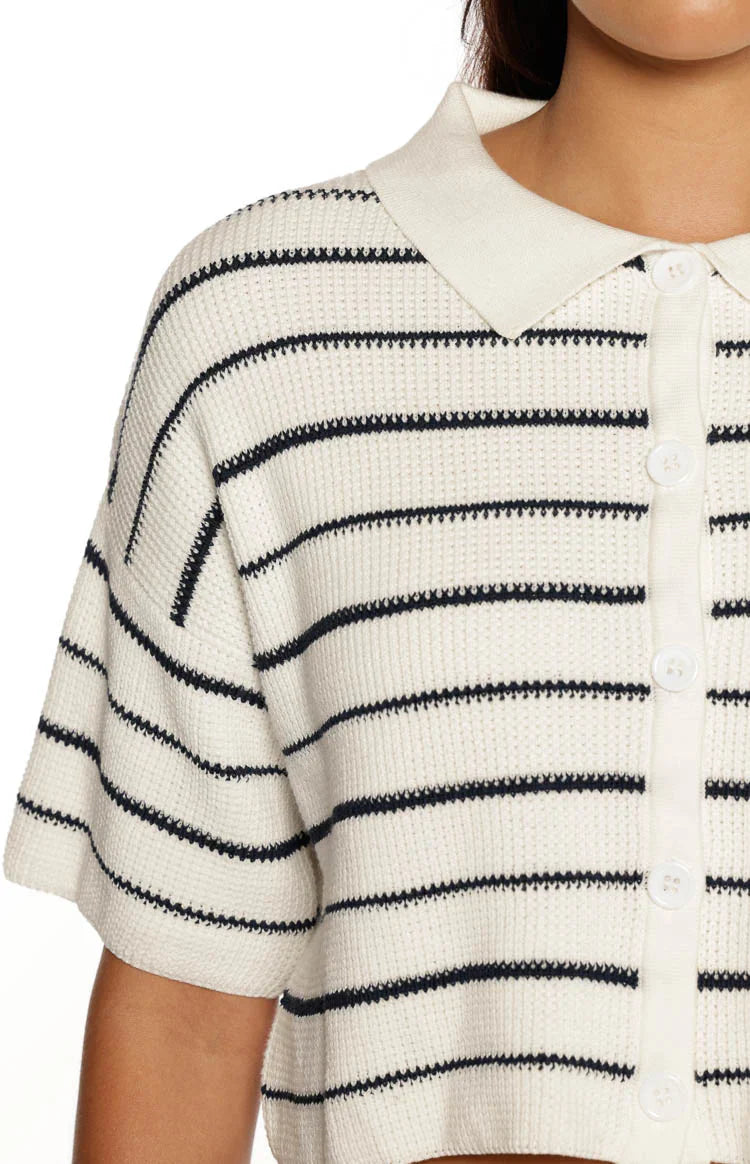Maple Cropped Knit Sweater | White Navy Stripe