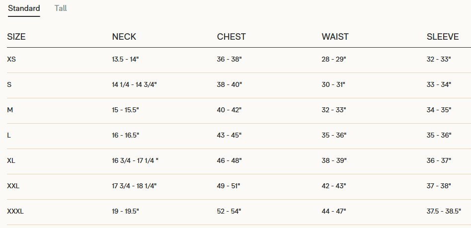 Product size guide