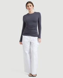 Morgan | Mia Ruched Long-Sleeve Tee in Size Small