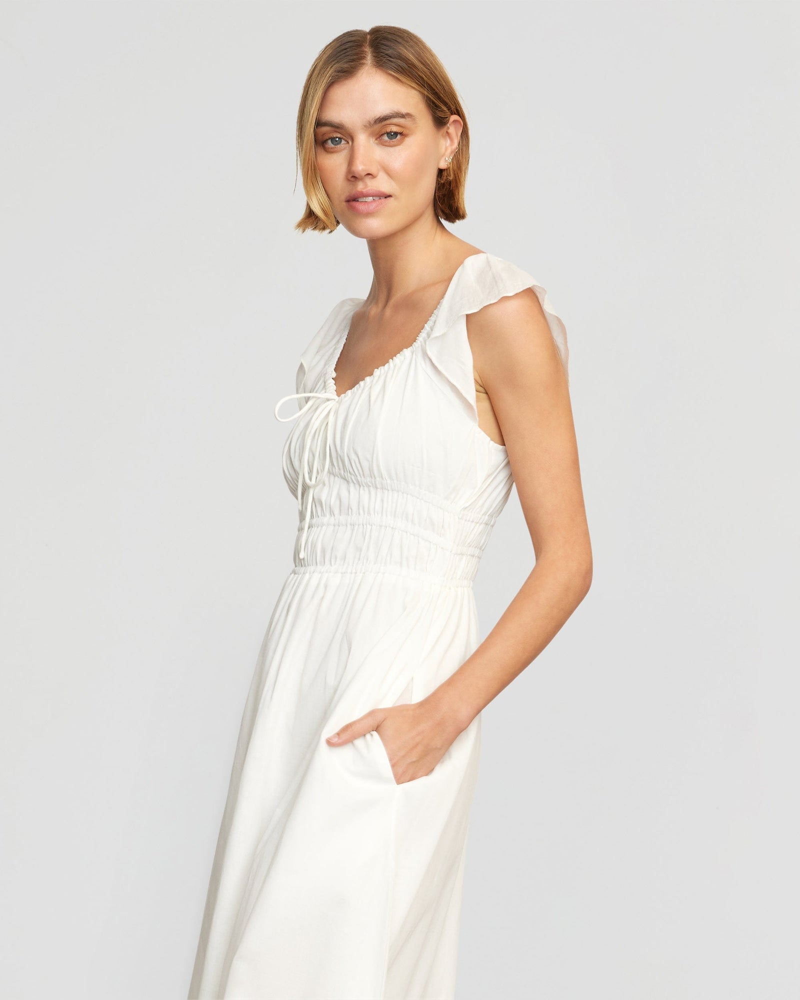 Joanna | Mirae Shirred Flutter-Sleeve Dress in Size Small