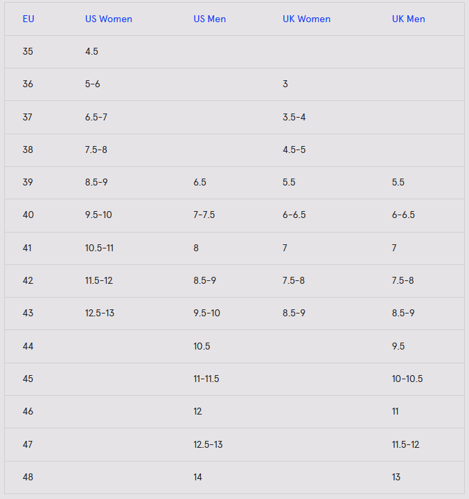 Product size guide