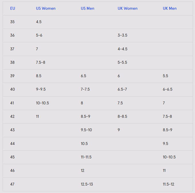 Product size guide