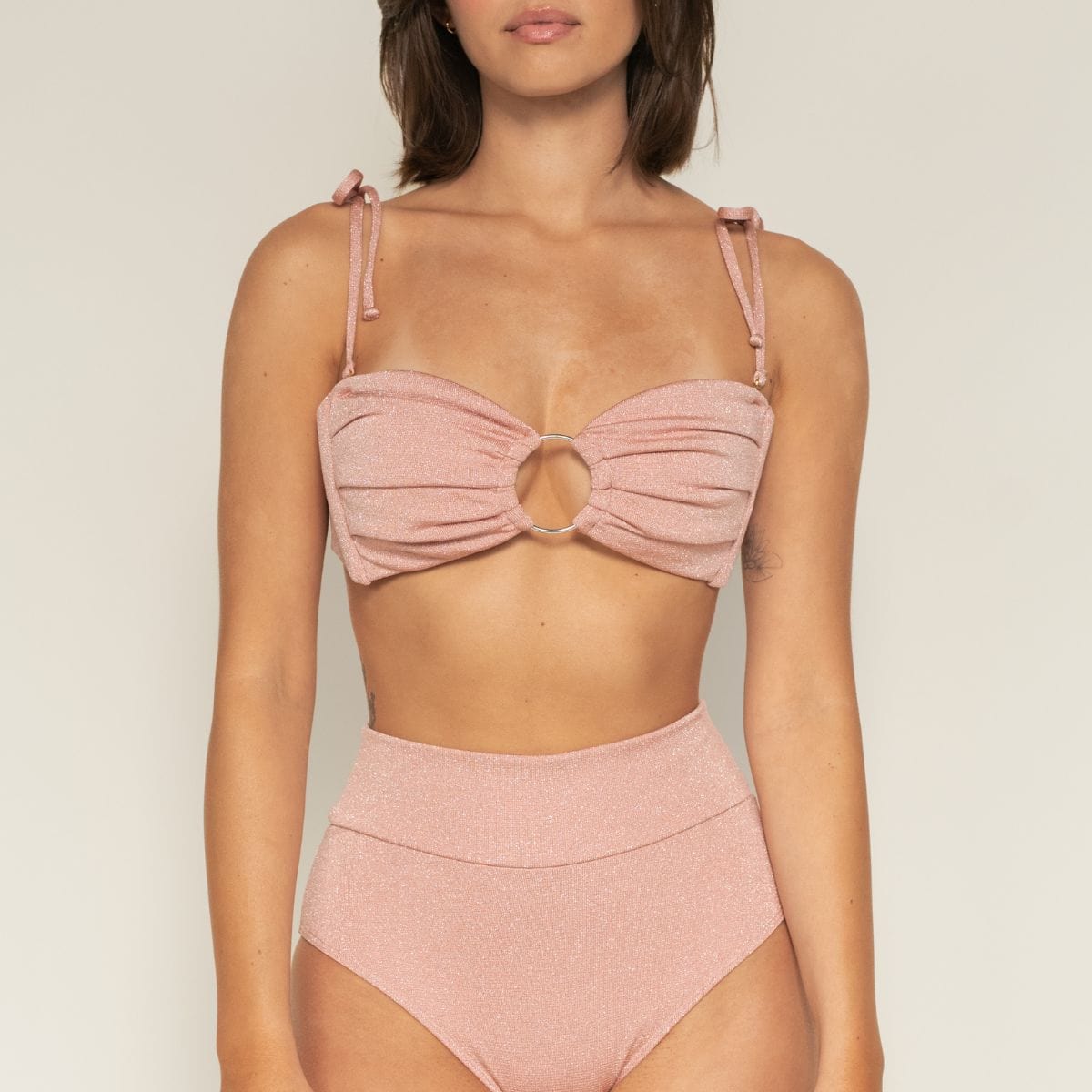 Tori Ties Bandeau Bikini Top | Prima Pink Sparkle