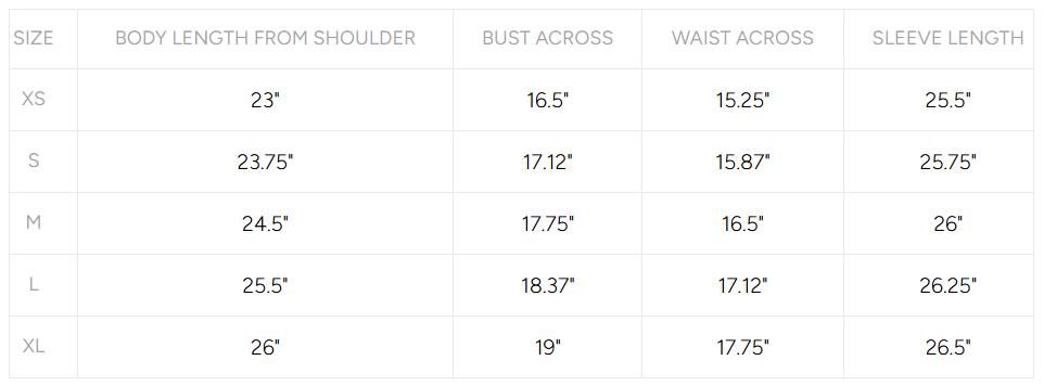 Product size guide