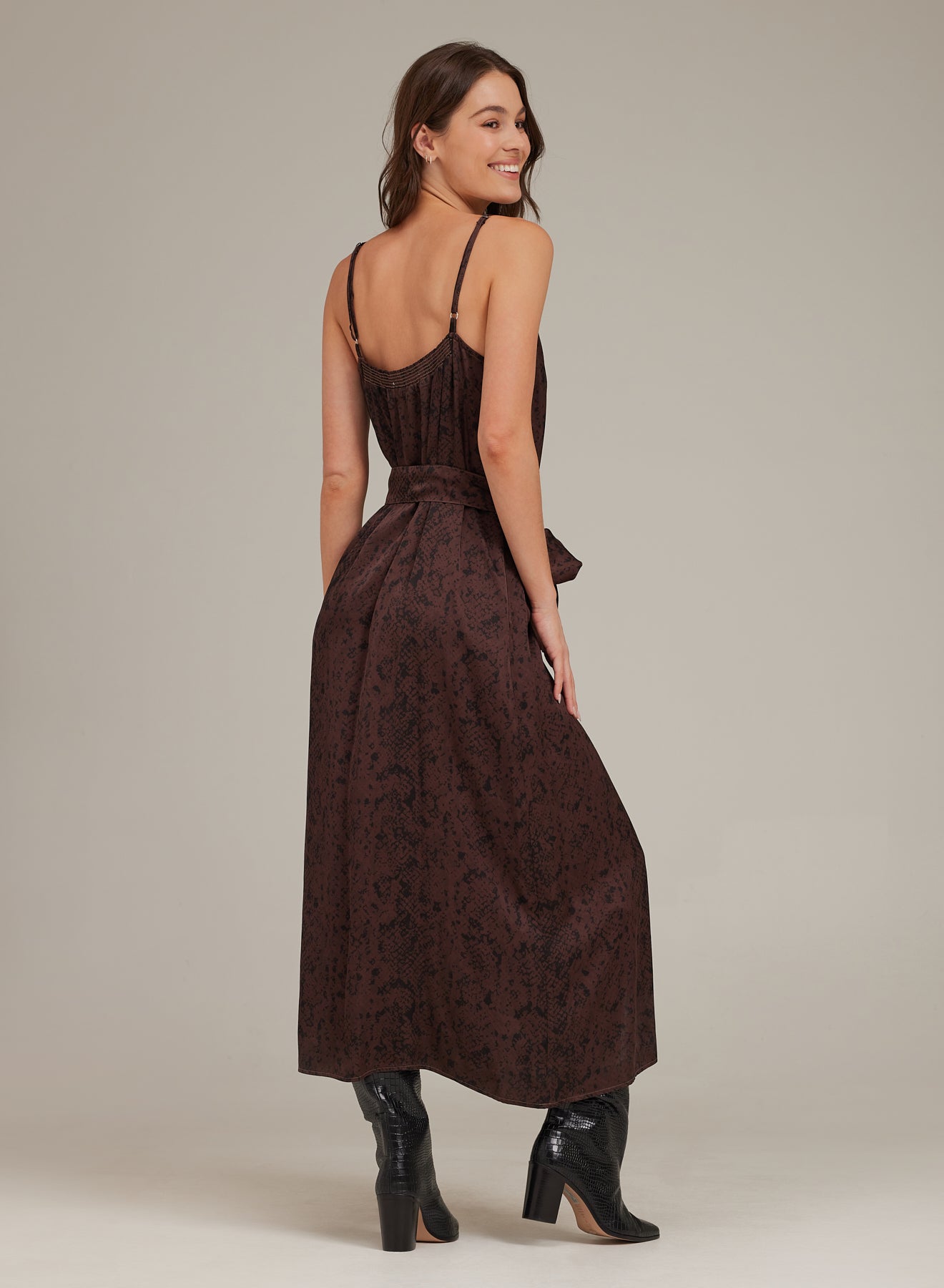 V-Neck Midi Dress - Brown Snake Print