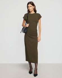 Renée | Vela Contrast-Stitch Ruched-Waist Dress in Size Extra Small