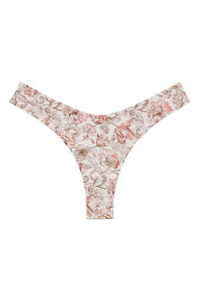 Cream and pink floral print bikini bottom with zig-zag stitched edges and high-leg coverage design.