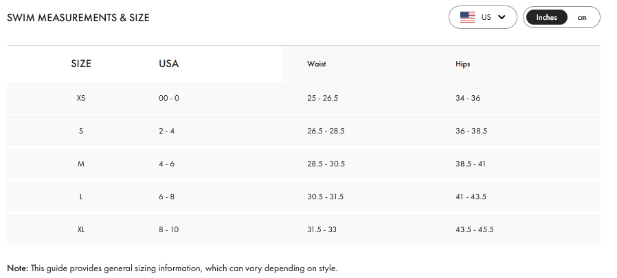 Product size guide