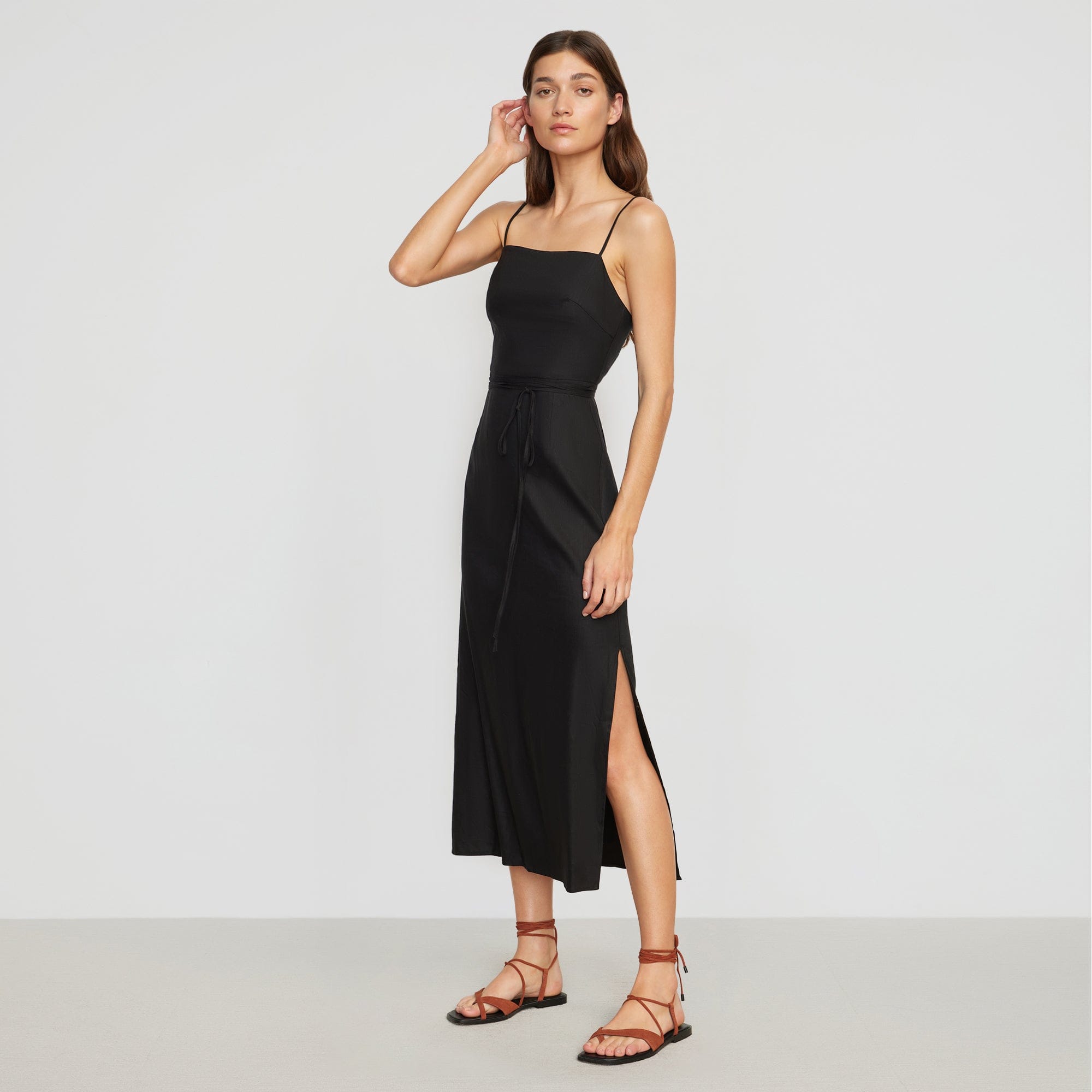 Yanelly Lace-Up Stretch Linen Dress | Black